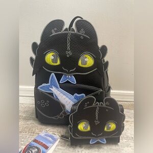 NWT Loungefly How to Train Your Dragon Toothless mini backpack and wallet